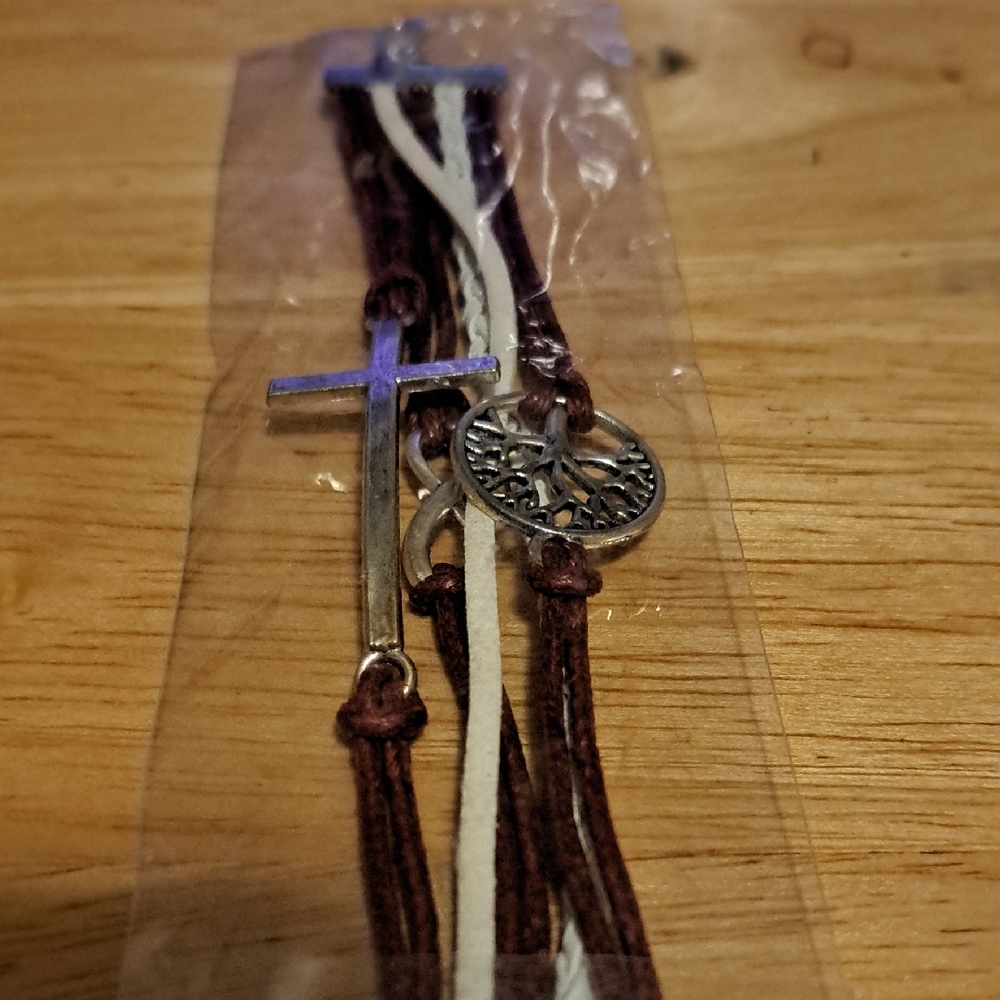 Multi-Strand Cross and Tree of Life Bracelet in Burgundy and White